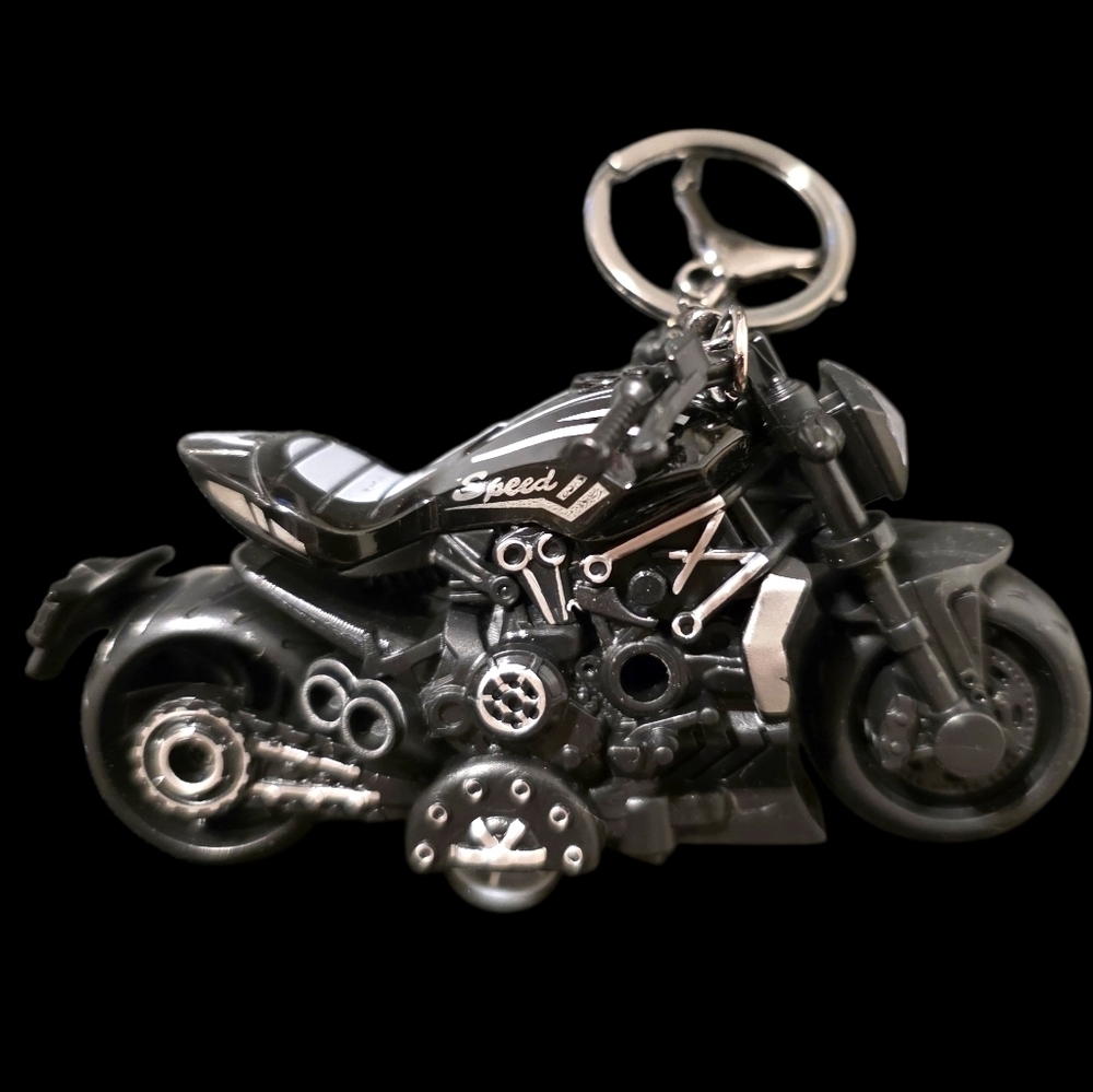 Black Motorcycle Wind Up Bag Charm Keychain